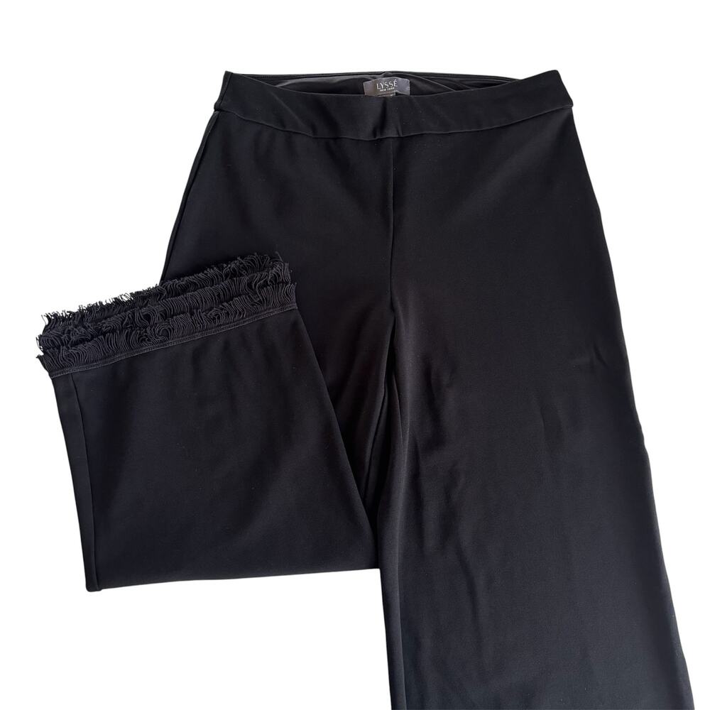 Lyssé New York Black Knit Wide Leg Fringe Ankle Pants Women’s Medium Stretch